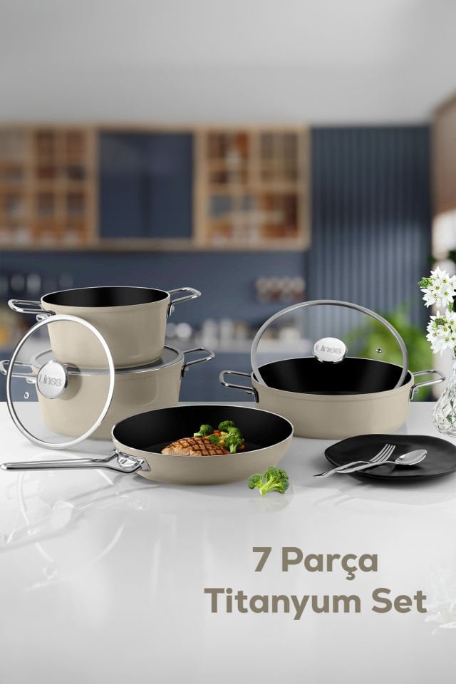 Lines Rozella 7 Parça Titanyum Tencere Seti - Krem