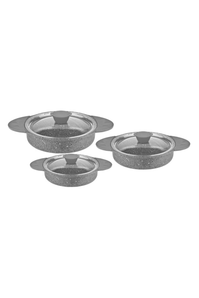 Oms 3015 Döküm Granit 6 Parça Kapaklı Sahan Set 16-18-20 cm Gri