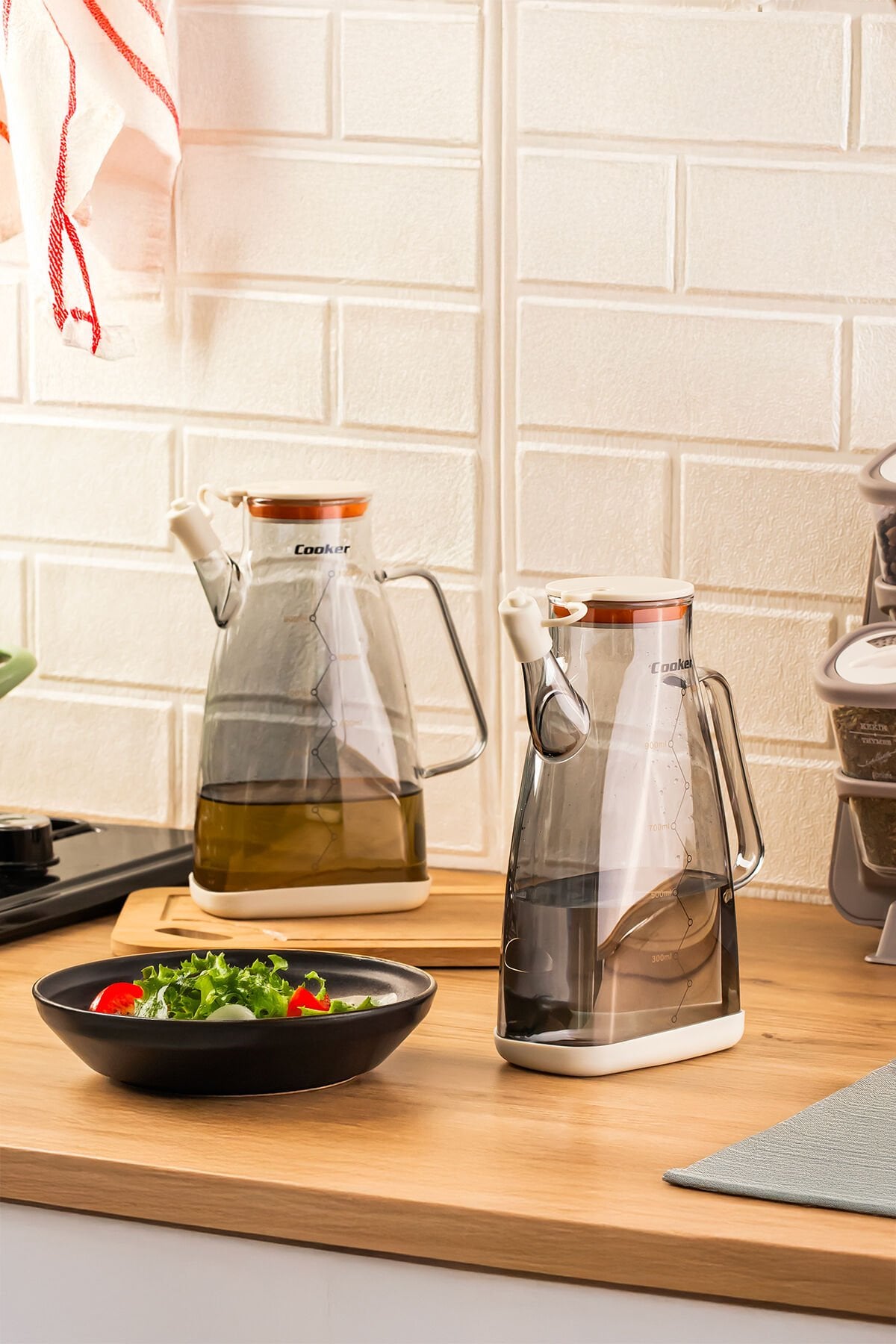 Porsima 3853-2 Renkli Borosilikat Cam Zeytinyağ Şişesi - 2li Yağlık ve Sirkelik Seti Krem 1lt