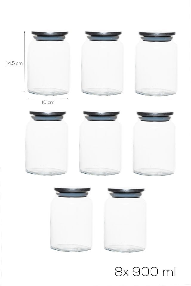 Porsima 4402 Bormio Metal Kapaklı 8li Cam Kavanoz Seti Vakum Kapaklı Saklama Düzenleme Kabı Seti 900ml