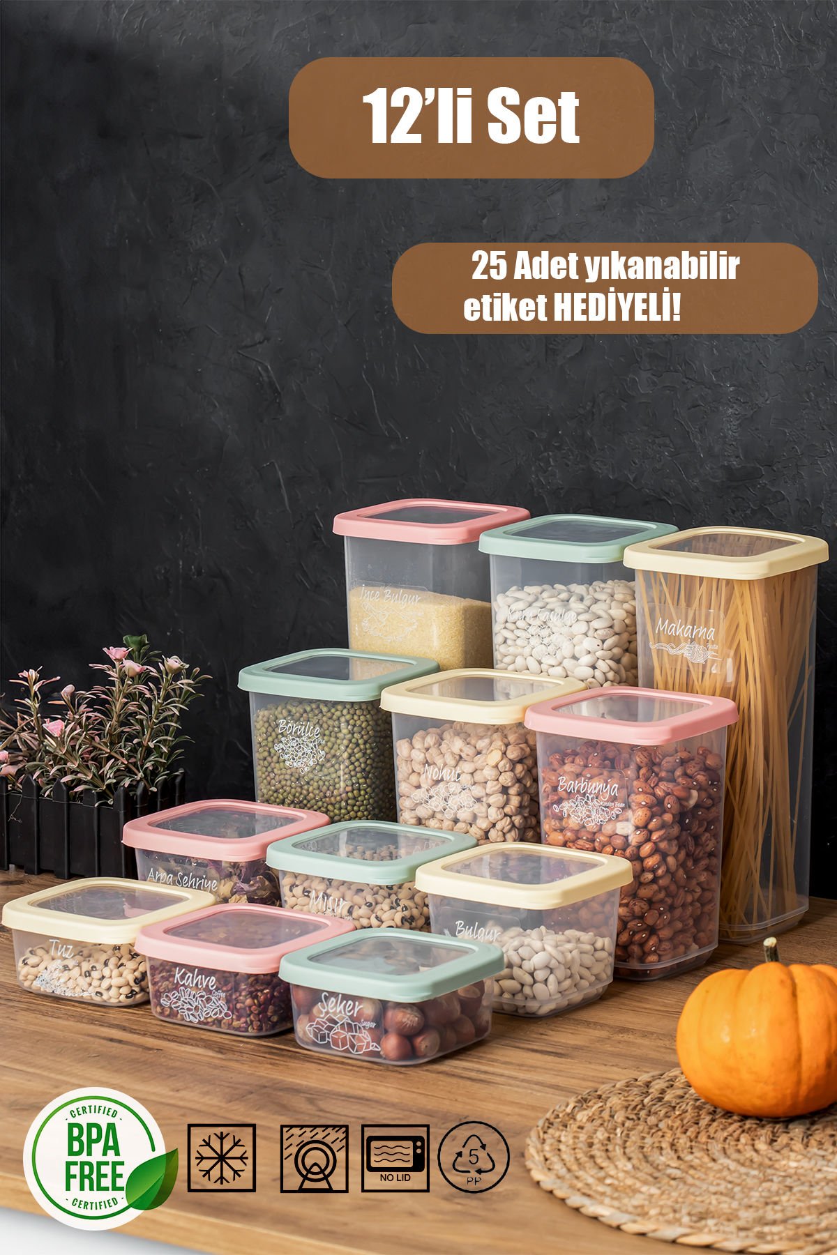 Porsima 1036 Rainbow 12li Etiketli Renkli Kapaklı Erzak Kavanoz Saklama Kabı Seti
