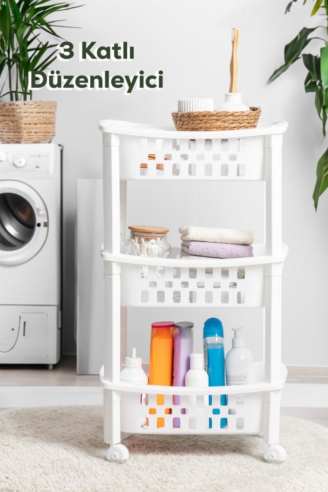 Porsima 78-1 3 Katlı Tekerlekli Organizer Raf  Çok Amaçlı Mutfak Banyo Düzenleyici Raf Ünitesi Beyaz
