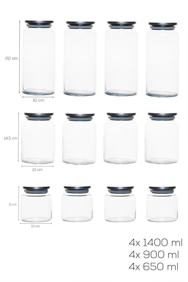Porsima Bormio Metal Kapaklı 12 Cam Kavanoz Seti Vakum Kapaklı Saklama Düzenleme Kabı Seti 650-900-1400ml
