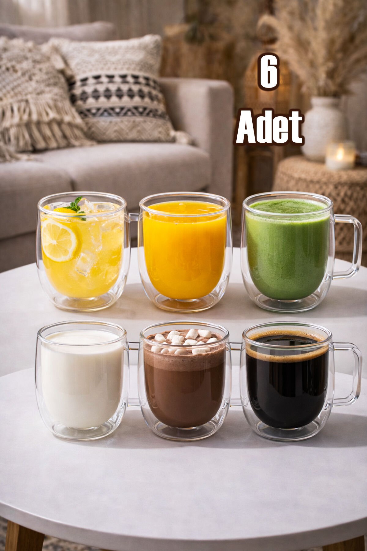 Porsima Pbt-323 Çift Cidarlı 6lı Cam Kupa Çay Kahve Kupası Isı Yalıtımlı Cam Bardak Seti 250 ml