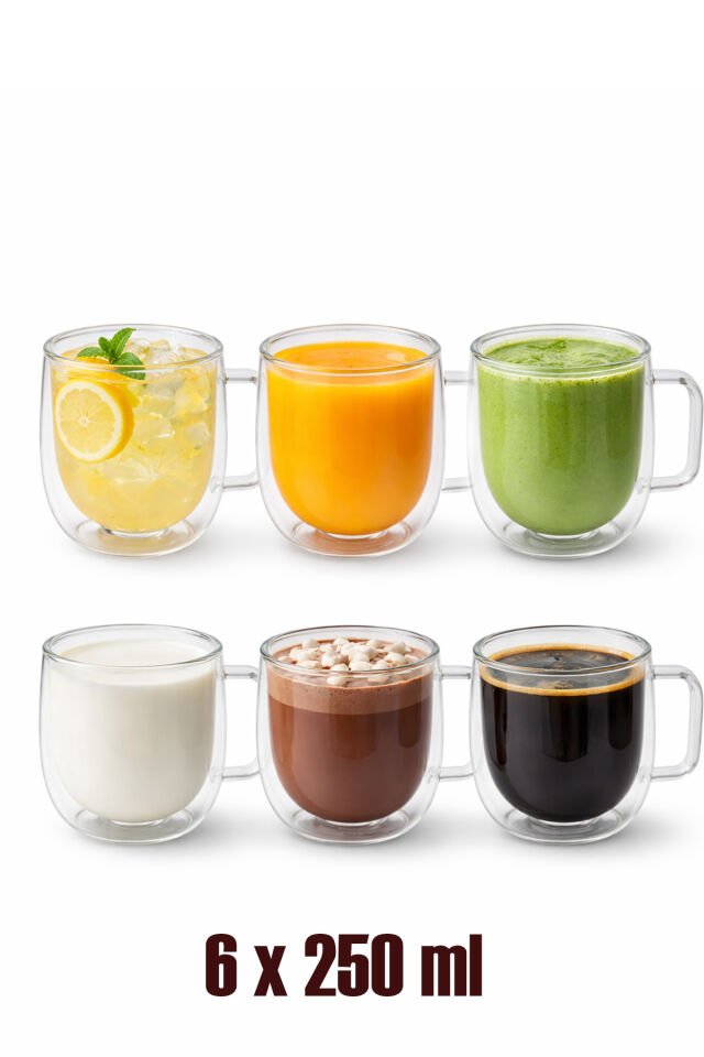 Porsima Pbt-323 Çift Cidarlı 6lı Cam Kupa Çay Kahve Kupası Isı Yalıtımlı Cam Bardak Seti 250 ml