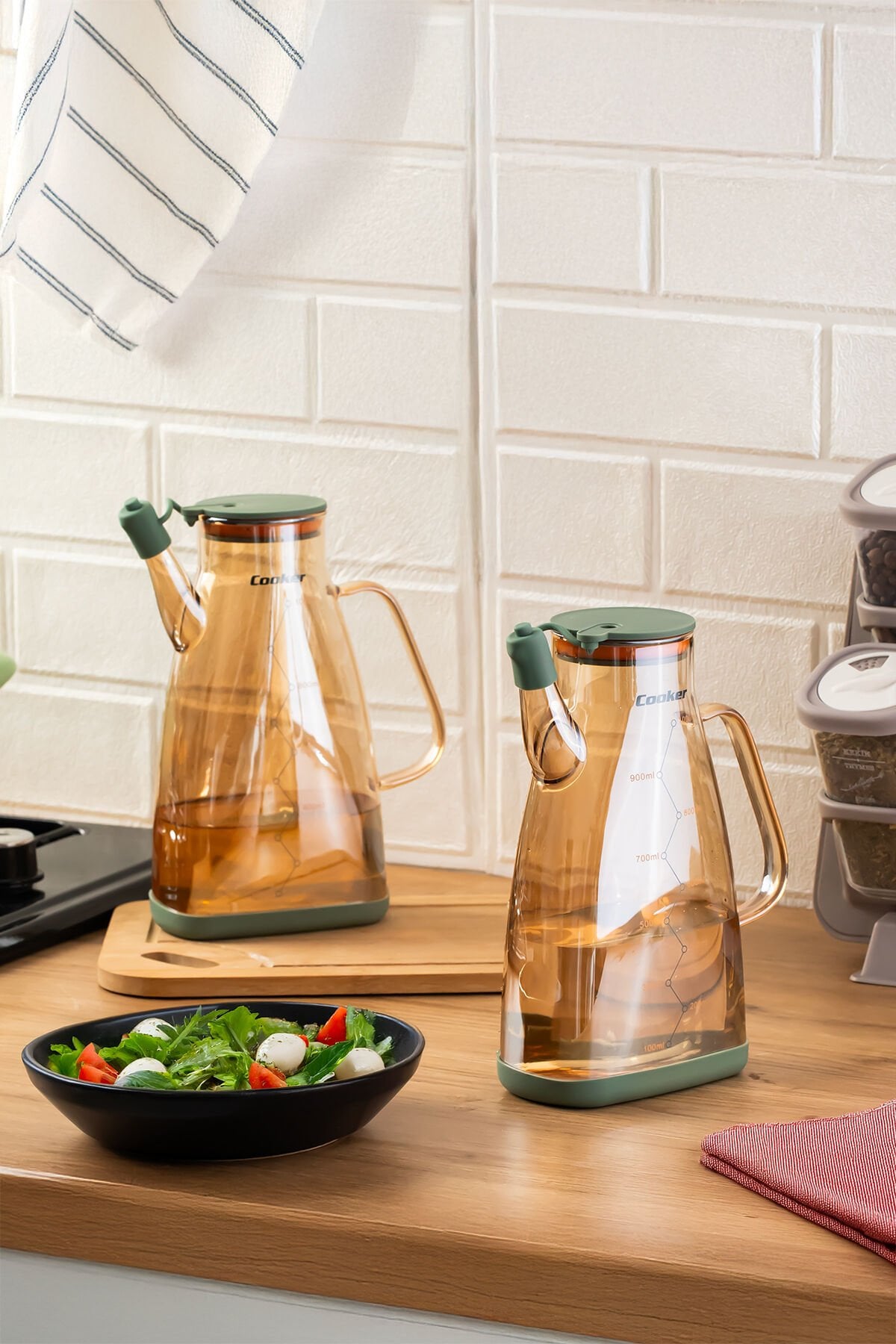 Porsima 3853 Renkli Borosilikat Cam Zeytinyağ Şişesi - 2li Yağlık ve Sirkelik Seti Yeşil 1lt