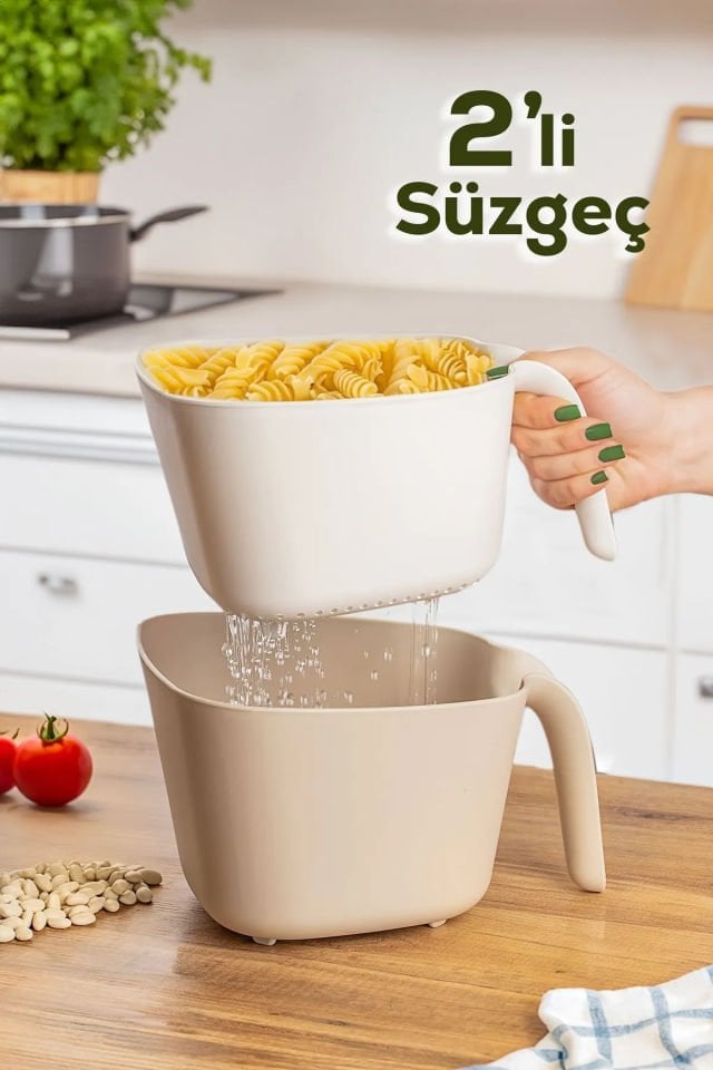 Porsima G-576 2 Parça Plastik Süzgeç Çok Amaçlı Makarna Meyve Sebze Pirinç Yıkama Süzgeci Bej Beyaz