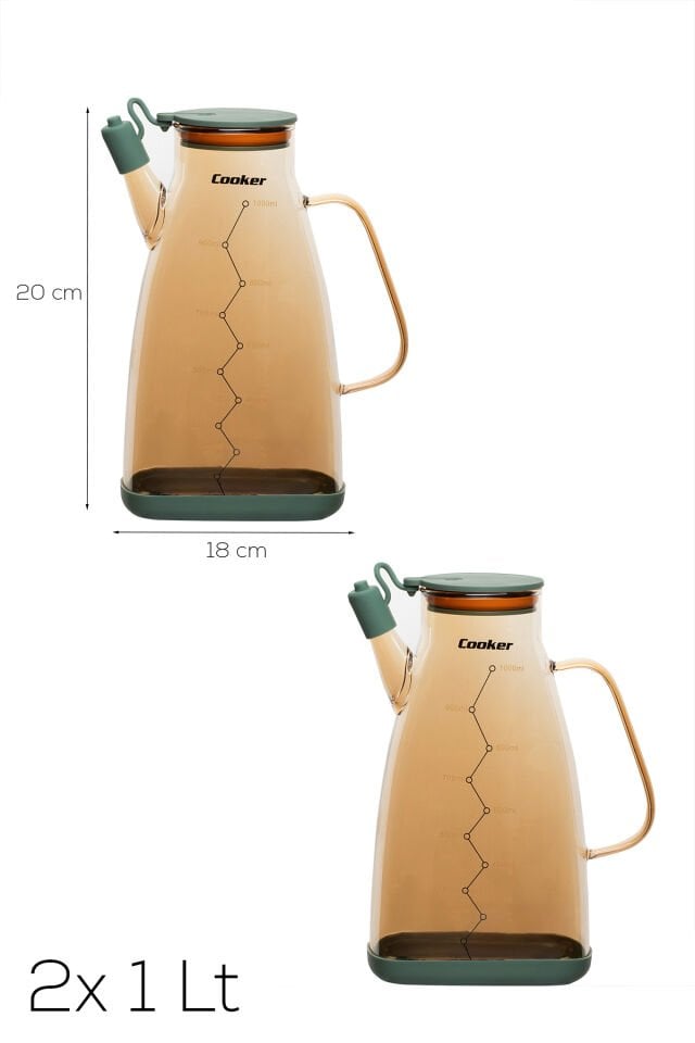Porsima 3853 Renkli Borosilikat Cam Zeytinyağ Şişesi - 2li Yağlık ve Sirkelik Seti Yeşil 1lt
