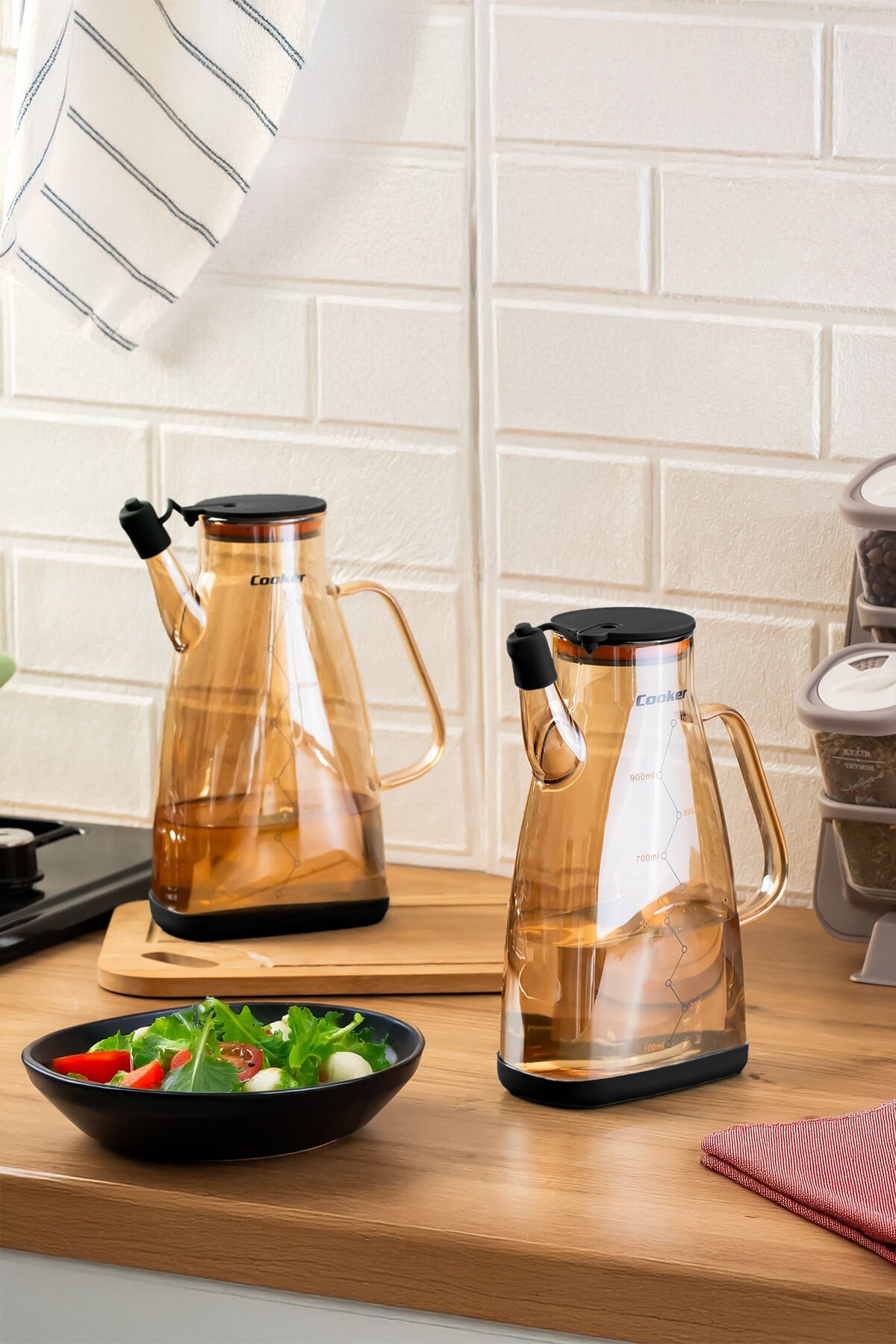 Porsima 3853-1 Renkli Borosilikat Cam Zeytinyağ Şişesi - 2li Yağlık ve Sirkelik Seti Siyah 1lt