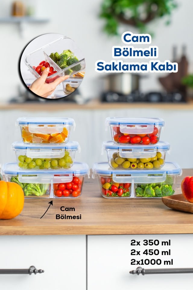 Porsima Por Kilitli Sızdırmaz Kapaklı Çok Amaçlı Cam 6lI Erzak Yiyecek Saklama Kabı Seti - 1000-450-300ml