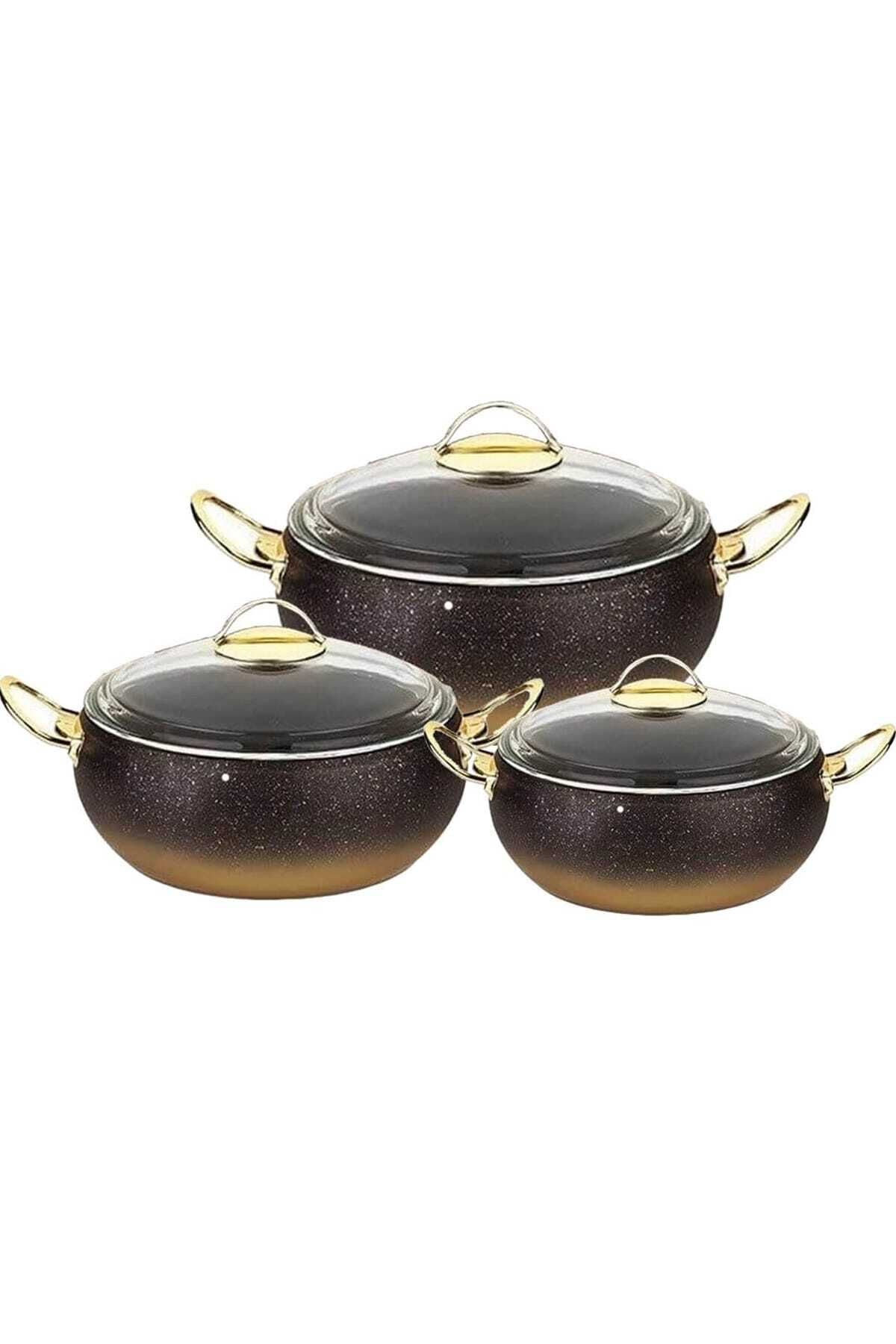Oms 3031 6 Parça Granit Küre Tencere Seti Gold Cam Kapak