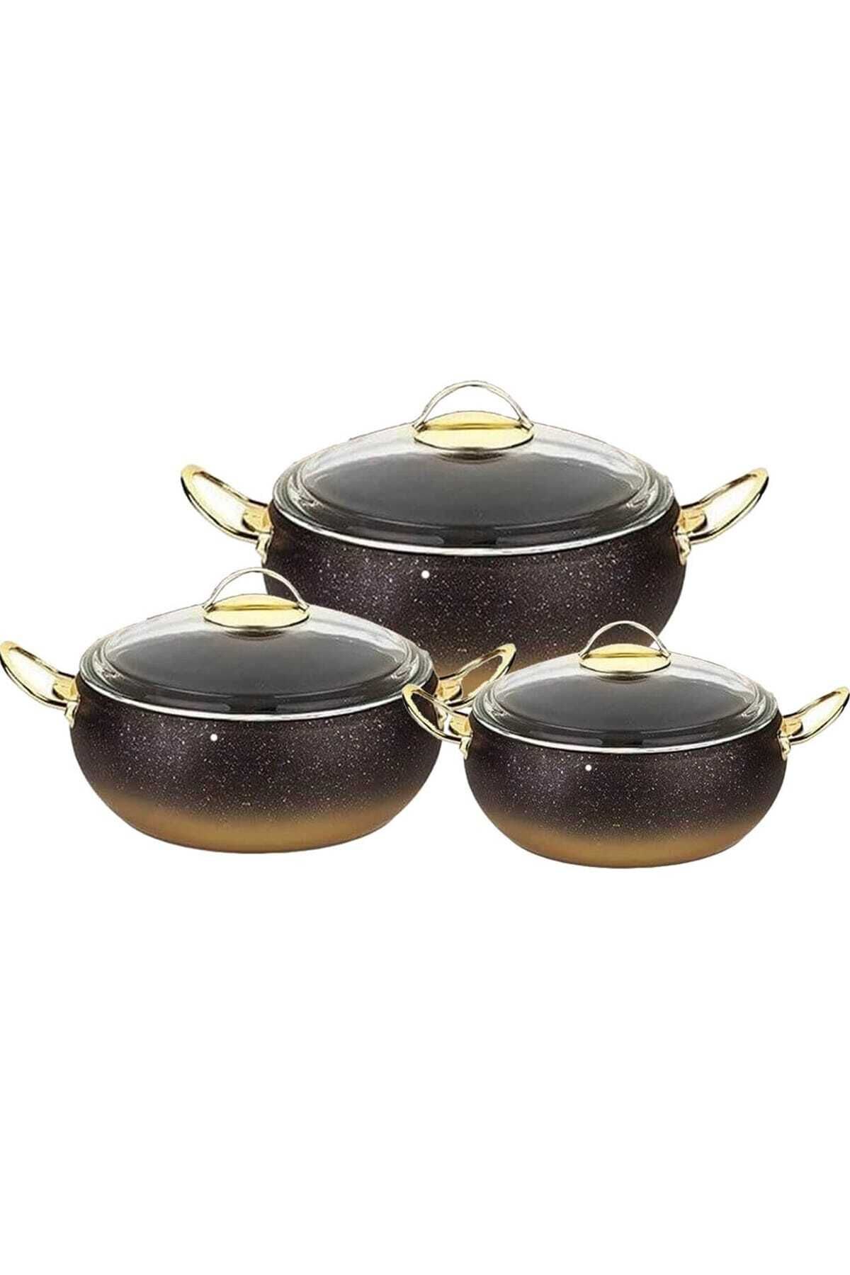 Oms 3031 6 Parça Granit Küre Tencere Seti Gold Cam Kapak