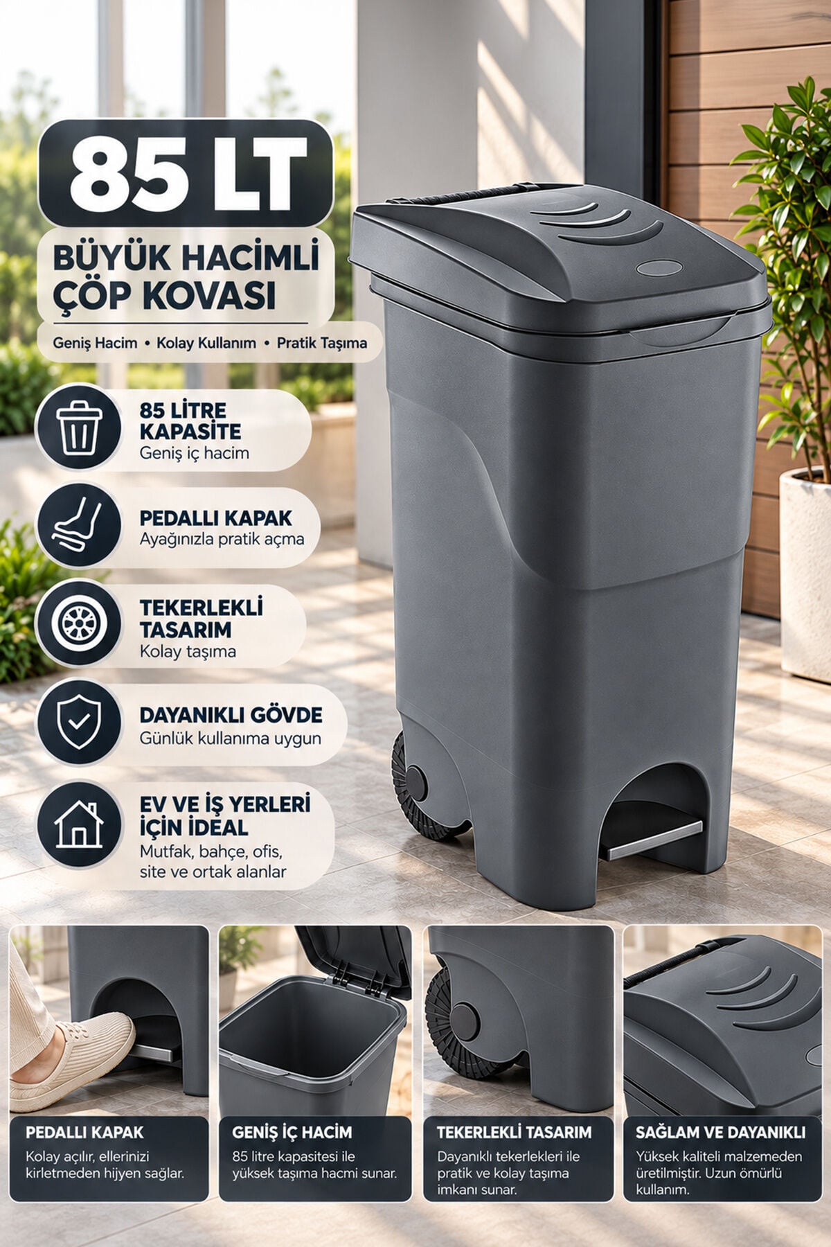 Porsima 1150 85 Lt Tekerlekli Pedallı Çöp Kovası - Büyük Boy Mutfak, Bahçe Ve Banyo Çöp Konteyneri (Koyu Gri / Antrasit)