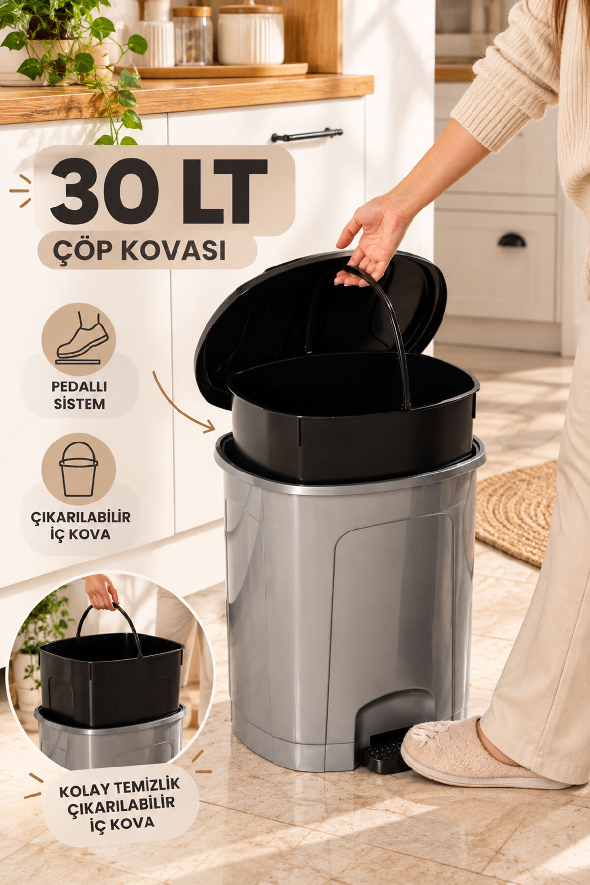 Porsima 1104 Slim Pedallı Çöp Kovası 30 Lt - Çıkarılabilir İç Kovalı Mutfak Ve Banyo Çöp Kovası (Metalik Gri / Siyah)