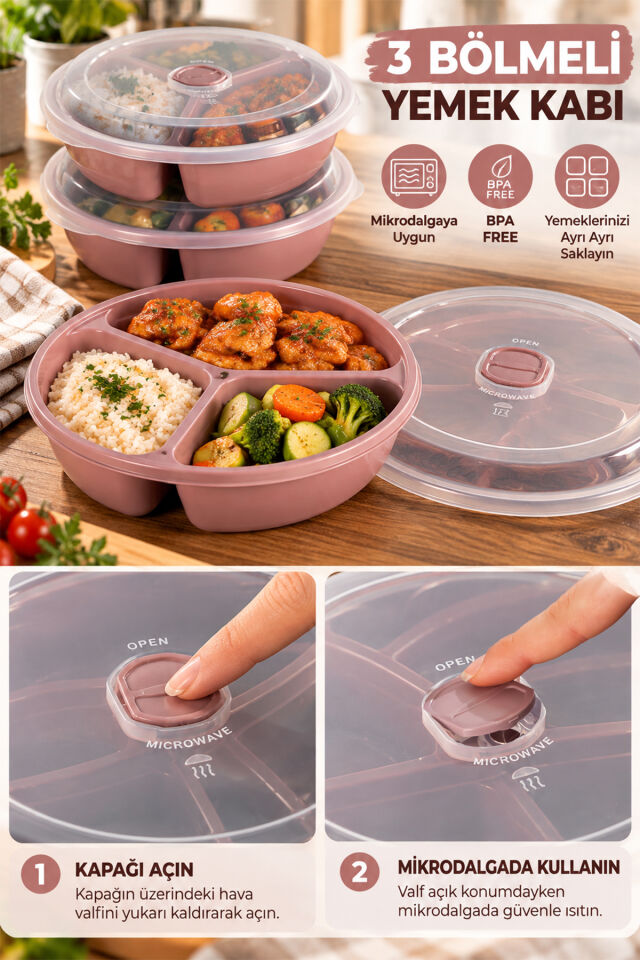 Porsima 1393 Easy 3'lü Bölmeli Mikrodalga Yemek Saklama Kabı Seti - Buhar Valfli Diyet, Sefer tası & Beslenme Kabı (Koyu Pudra Pembe)