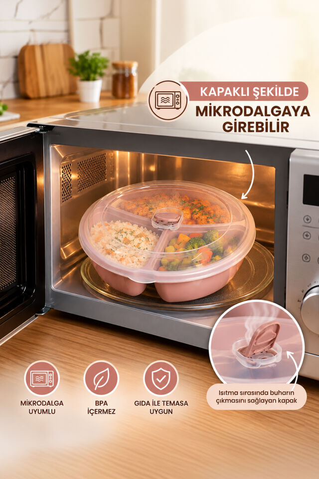 Porsima 1393 Easy 3'lü Bölmeli Mikrodalga Yemek Saklama Kabı Seti - Buhar Valfli Diyet, Sefer tası & Beslenme Kabı (Koyu Pudra Pembe)