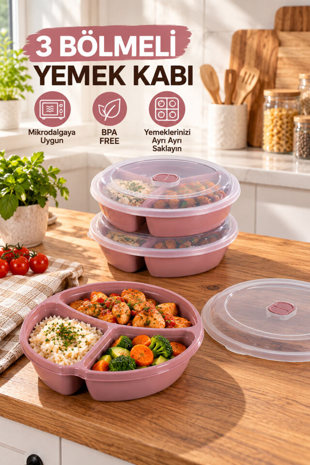 Porsima 1393 Easy 3'lü Bölmeli Mikrodalga Yemek Saklama Kabı Seti - Buhar Valfli Diyet, Sefer tası & Beslenme Kabı (Koyu Pudra Pembe)