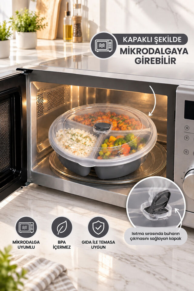 Porsima 1393 Easy 3'lü Bölmeli Mikrodalga Yemek Saklama Kabı Seti - Buhar Valfli Diyet, Sefer tası & Beslenme Kabı (Koyu Gri)