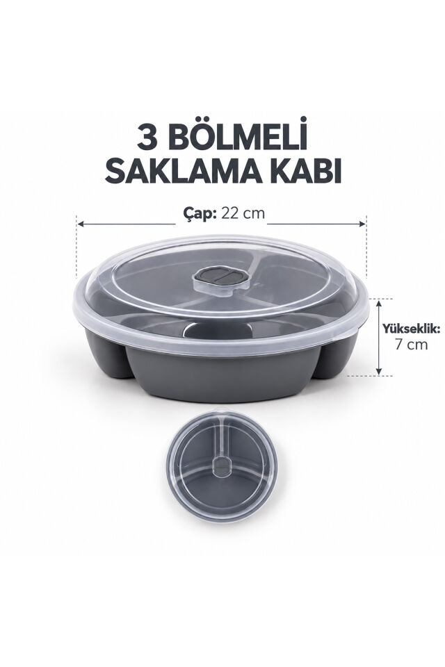 Porsima 1393 Easy 3'lü Bölmeli Mikrodalga Yemek Saklama Kabı Seti - Buhar Valfli Diyet, Sefer tası & Beslenme Kabı (Koyu Gri)