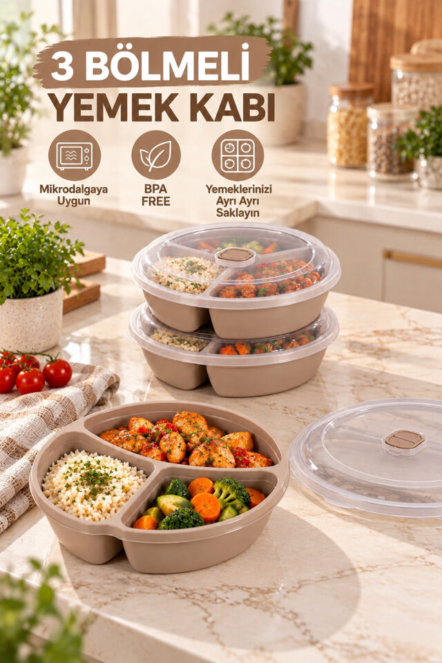 Porsima 1393 Easy 3'lü Bölmeli Mikrodalga Yemek Saklama Kabı Seti - Buhar Valfli Diyet, Sefer tası & Beslenme Kabı (Cafe Latte)