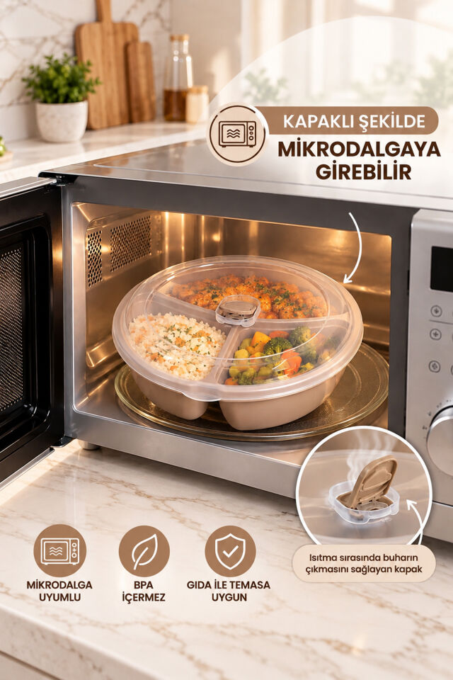 Porsima 1393 Easy 3'lü Bölmeli Mikrodalga Yemek Saklama Kabı Seti - Buhar Valfli Diyet, Sefer tası & Beslenme Kabı (Cafe Latte)