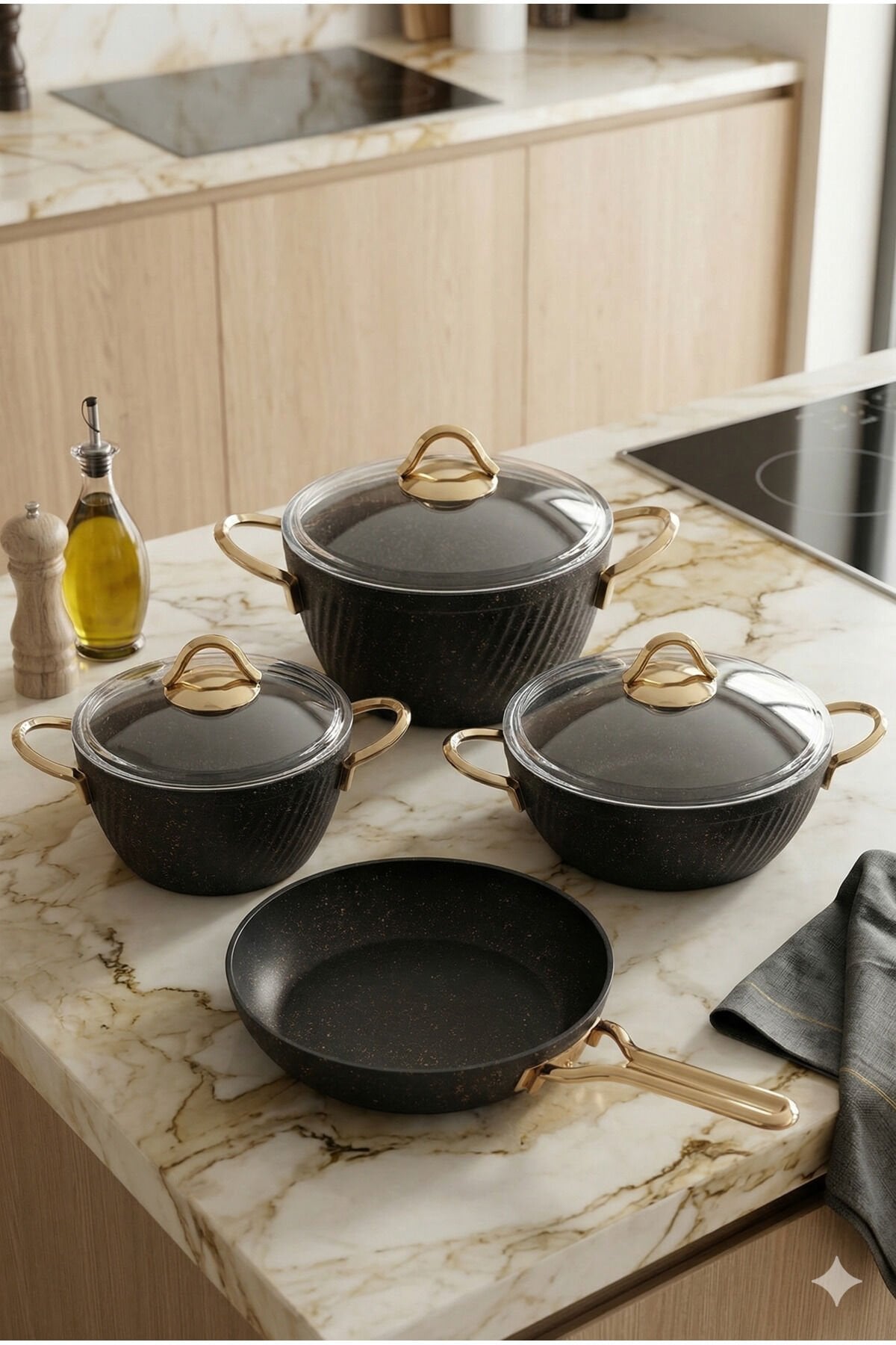 Özkent Hira Granit 4'lü Tencere Set Siyah