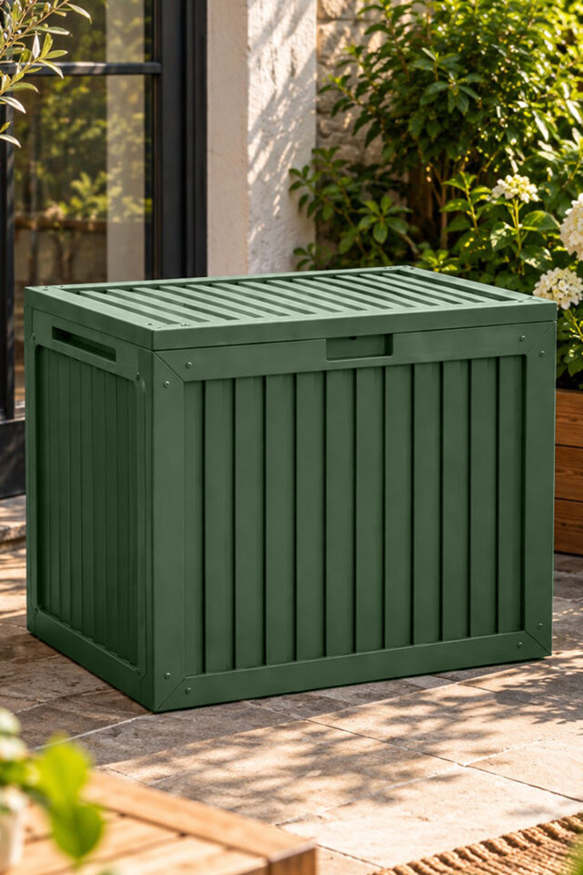 Porsima 161001-005 130LT Kilitli Organizer Kapaklı Bahçe Balkon Kiler Sandığı Çok Amaçlı Depolama Sandığı Yeşil