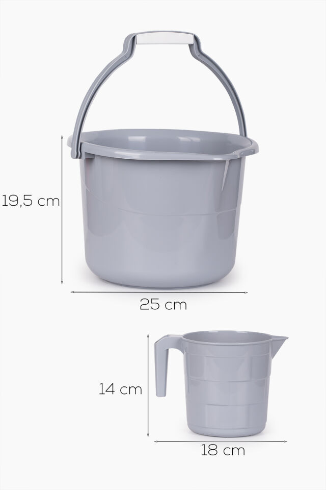 Porsima 4392 2li Banyo Balkon Temizlik Seti 8L Kulplu Kova 1,65L Maşrapa Banyo Seti Gri