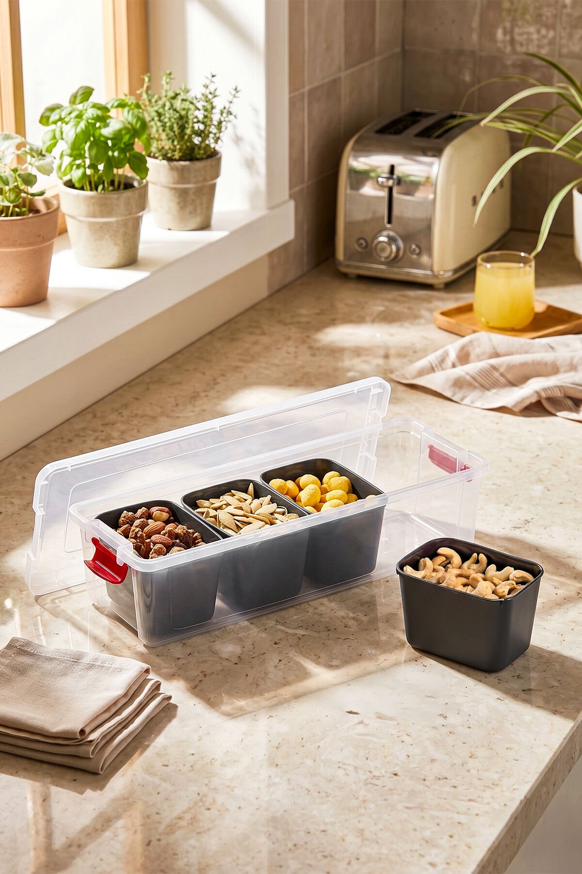 Porsima Org-458 5 bölmeli Kahvaltılık Çok Amaçlı Organizer Kapaklı Saklama Kabı Kapaklı Kahvaltılık Çerezlik Seti Antrasit 3,4lt