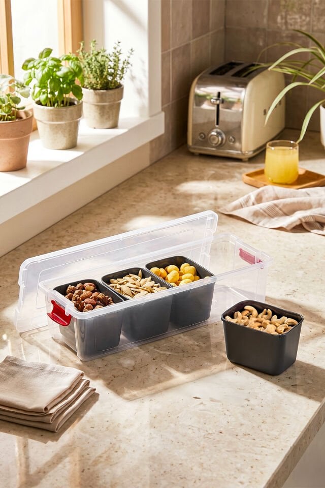 Porsima Org-458 5 bölmeli Kahvaltılık Çok Amaçlı Organizer Kapaklı Saklama Kabı Kapaklı Kahvaltılık Çerezlik Seti Antrasit 3,4lt
