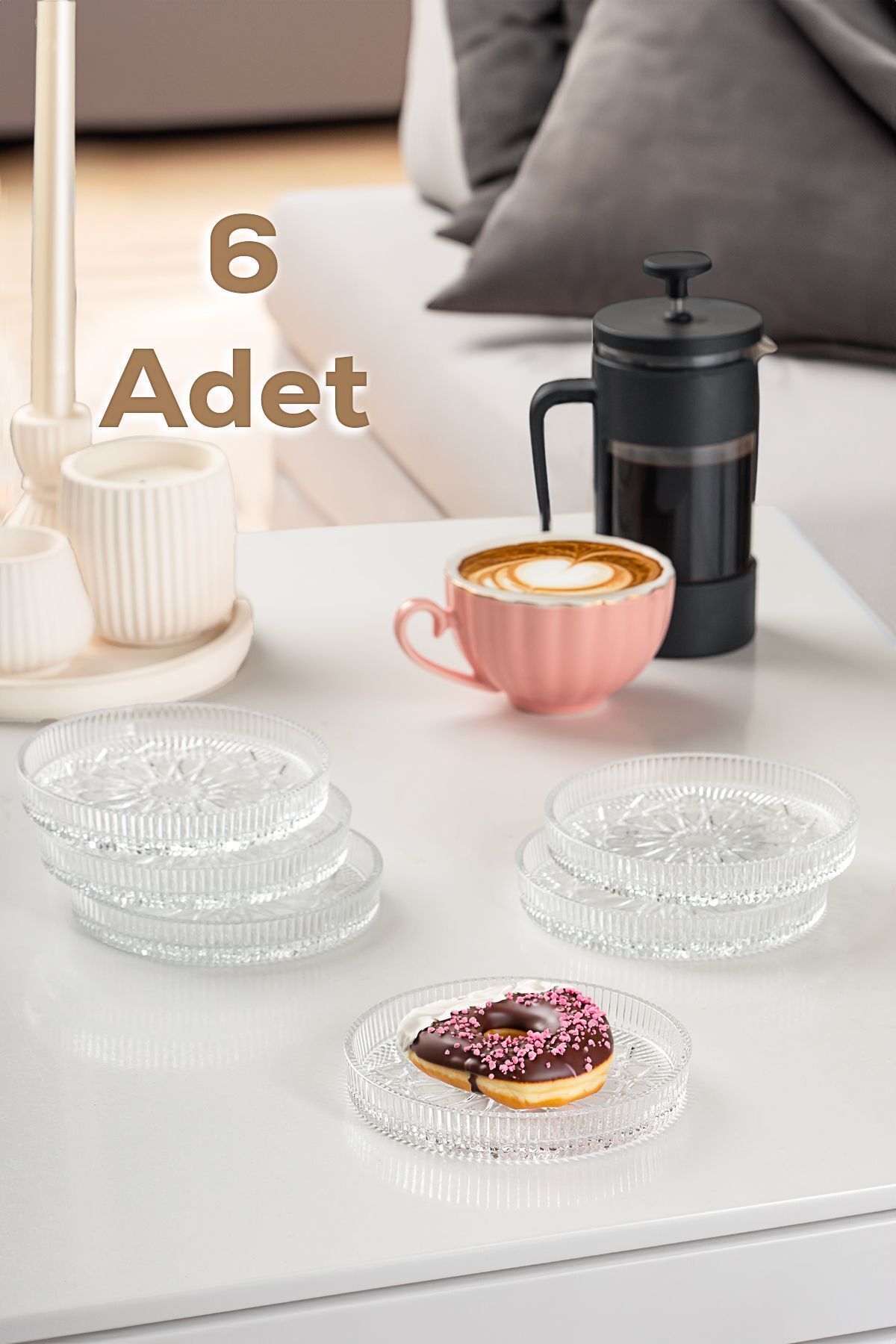 Porsima Elusia Desenli Dik Tabak - 6 Lı Cam Sunumluk Pasta Kurabiye Kek Ikram Servis Tabağı-12 Cm