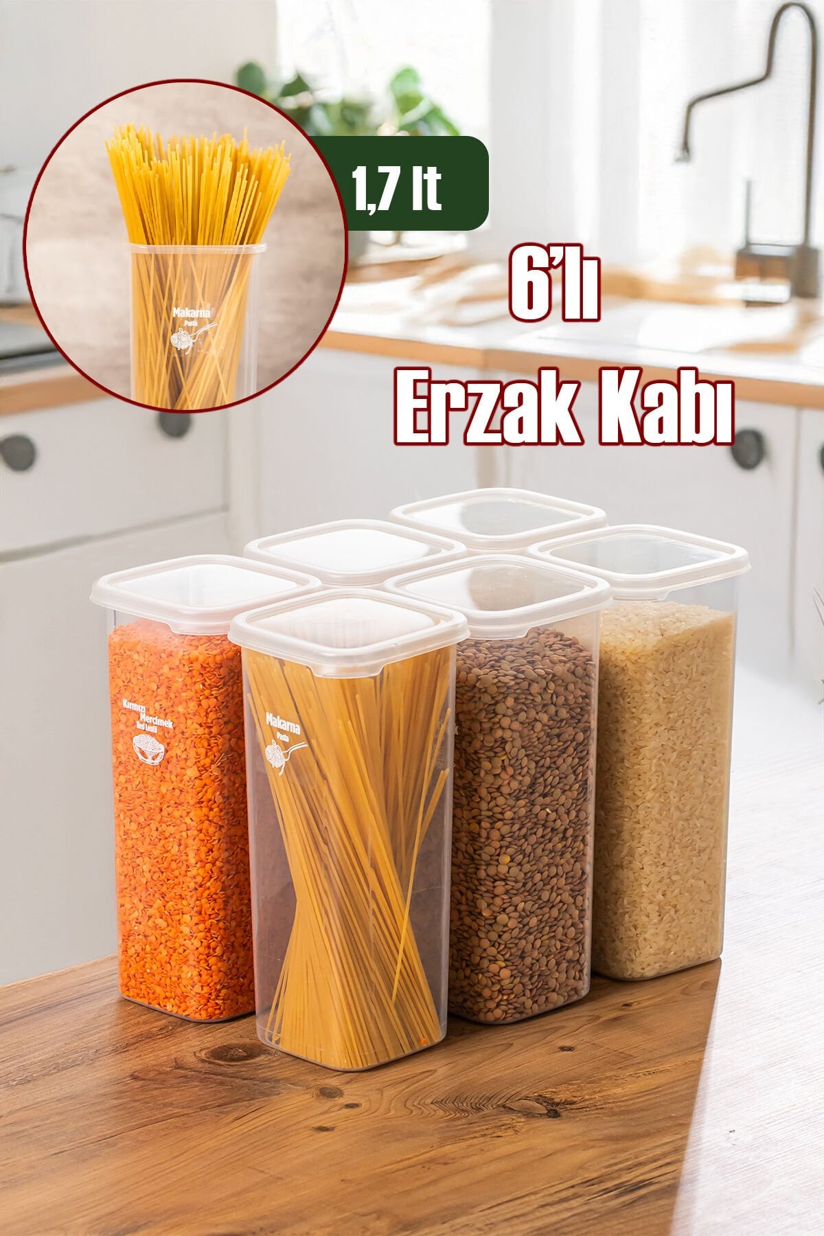 Porsima 5341 6lı Etiketli Kare Un Erzak Bakliyat Saklama Kabı Takımı Seti 1.70 Lt - Şeffaf