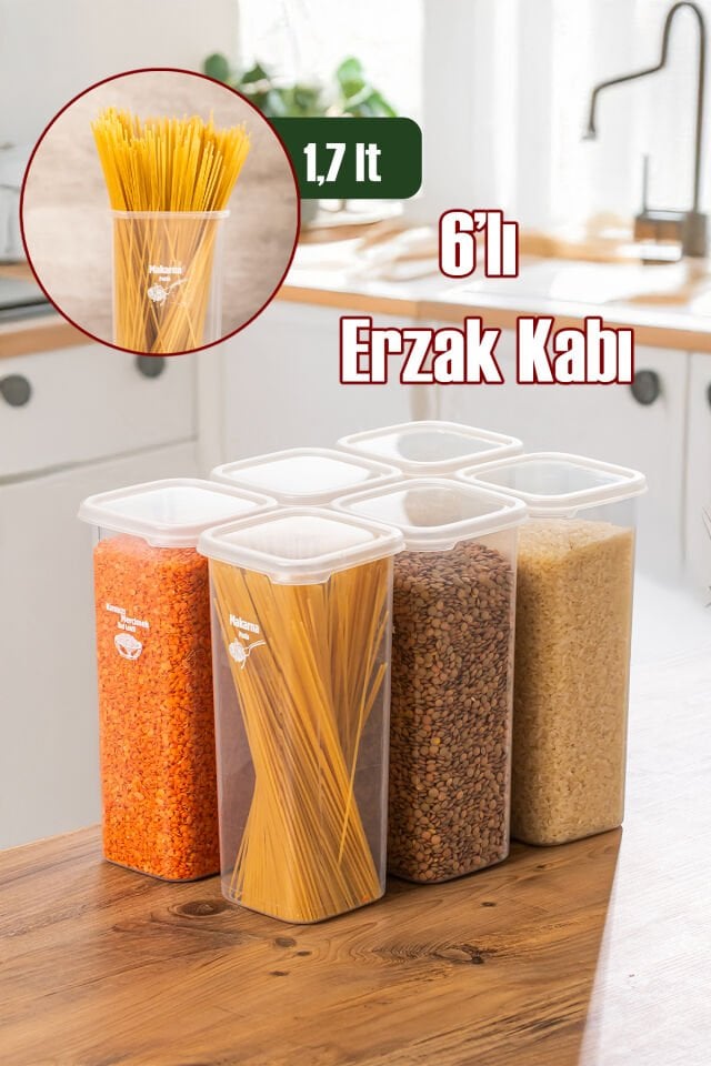 Porsima 5341 6lı Etiketli Kare Un Erzak Bakliyat Saklama Kabı Takımı Seti 1.70 Lt - Şeffaf