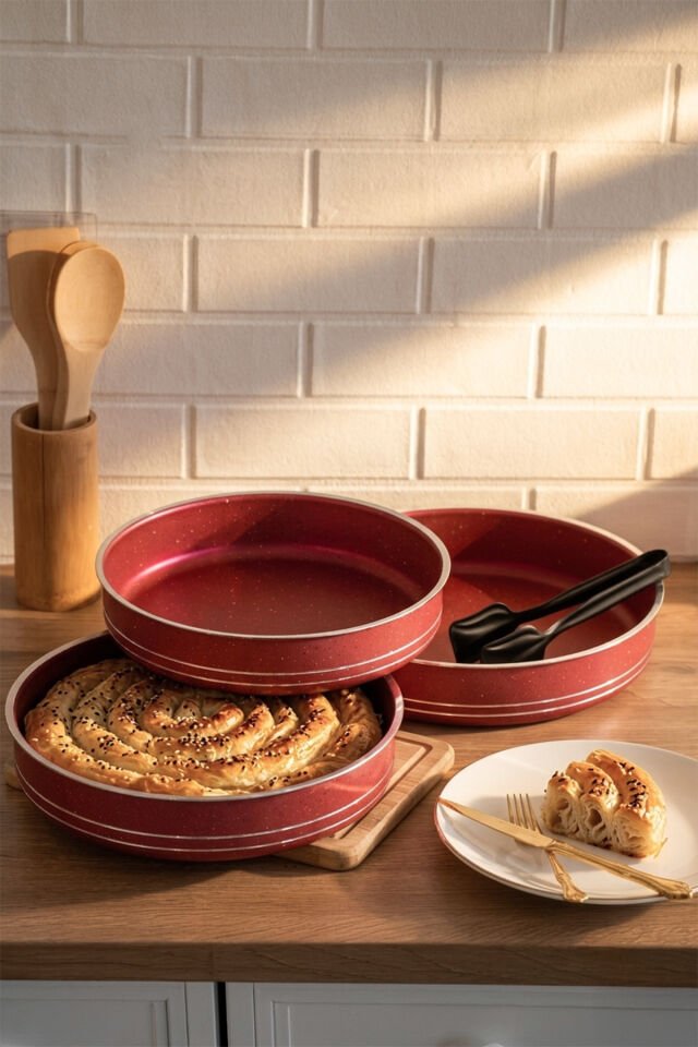 Porsima Montella 3lü Tepsi̇ Seti Fırın Tepsisi 26-28-30cm Kızıl