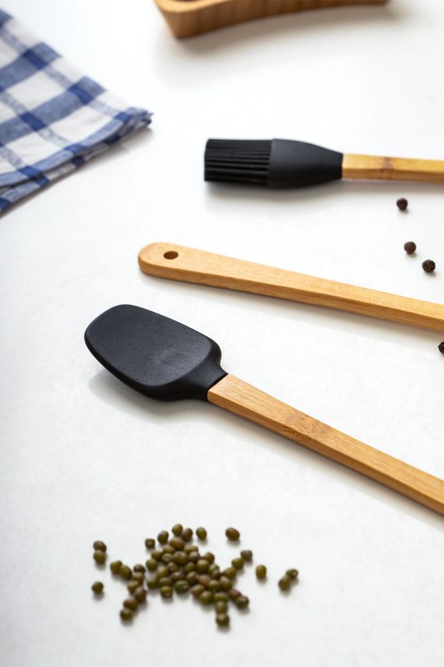 Porsima Mıen 3 Parça Mini Silikon Kaşık Spatula Fırça - Yanmaz Yapışmaz Hazırlık Seti 23 cm-Siyah