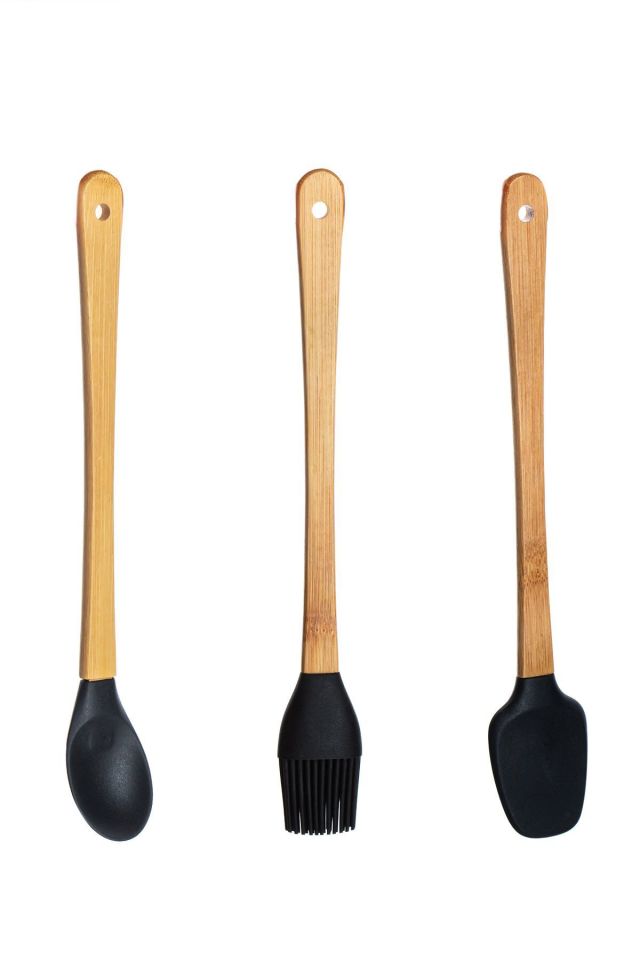 Porsima Mıen 3 Parça Mini Silikon Kaşık Spatula Fırça - Yanmaz Yapışmaz Hazırlık Seti 23 cm-Siyah