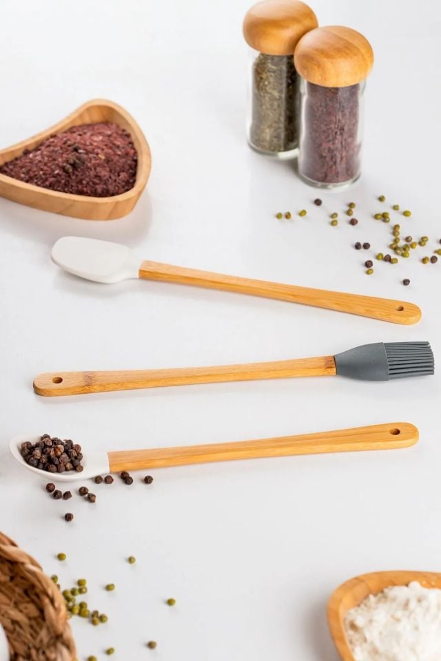 Porsima Mıen 3 Parça Mini Silikon Kaşık Spatula Fırça - Yanmaz Yapışmaz Hazırlık Seti 23 cm-Beyaz