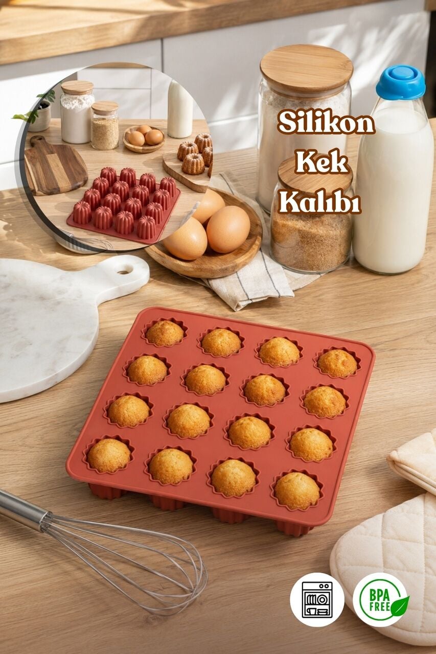 Porsima 30042 Silikon 16lı Muffin kalıbı Çiçek kek kalıbı kalıbı Kiremit 25x25cm