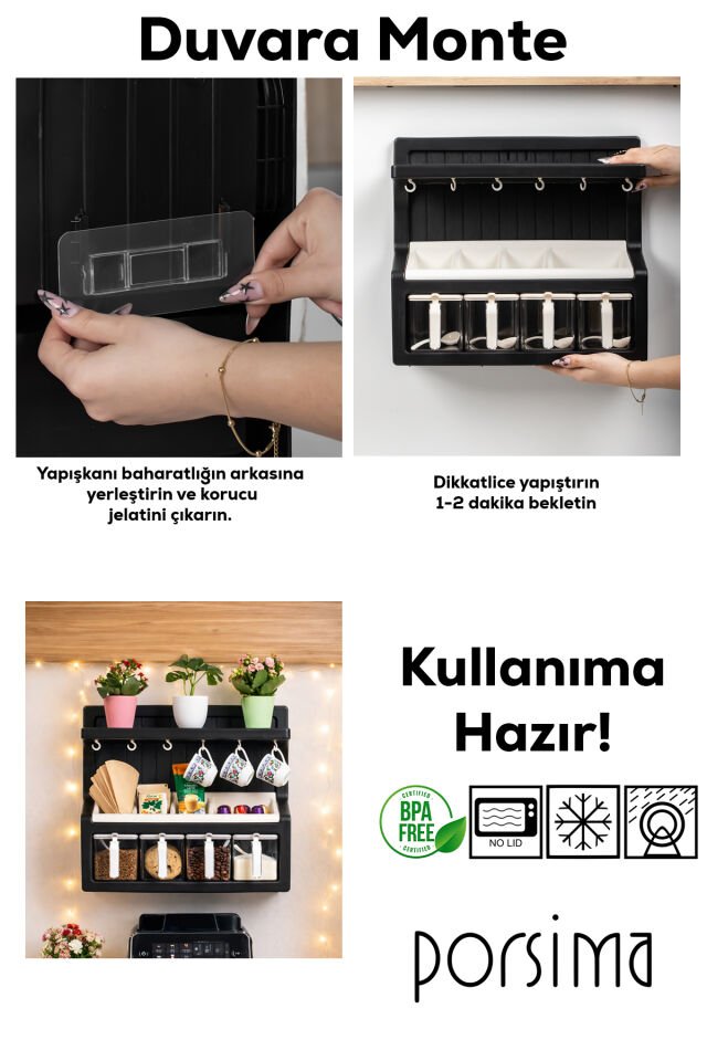 Porsima 5338 Kendinden Yapışkanlı Standlı Etiketli 4lü Kahve Köşesi Seti Kahvelik Takımı - Siyah