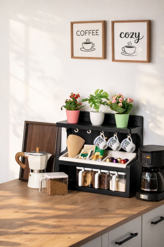 Porsima 5338 Kendinden Yapışkanlı Standlı Etiketli 4lü Kahve Köşesi Seti Kahvelik Takımı - Siyah