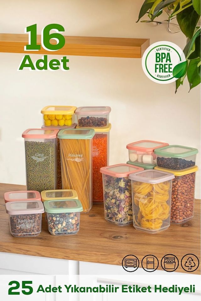 Porsima 1034 Rainbow 16 Lı Etiketli Renkli Kapaklı Gıda Kavanoz Saklama Kabı Seti