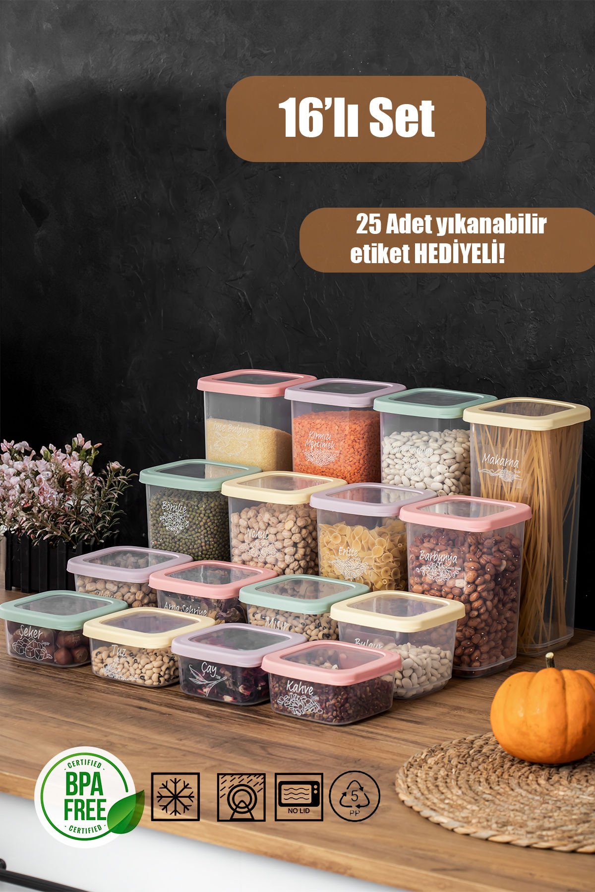 Porsima 1034 Rainbow 16 Lı Etiketli Renkli Kapaklı Gıda Kavanoz Saklama Kabı Seti