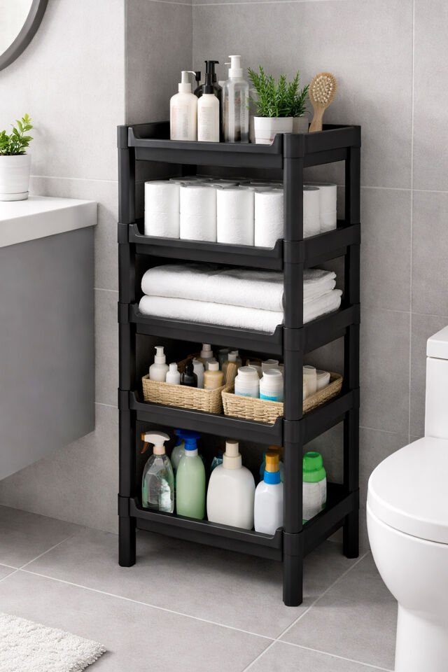 Porsima org-75-Ecom 5 Katlı Düzenleyici-Banyo Mutfak Organizer Raf Siyah