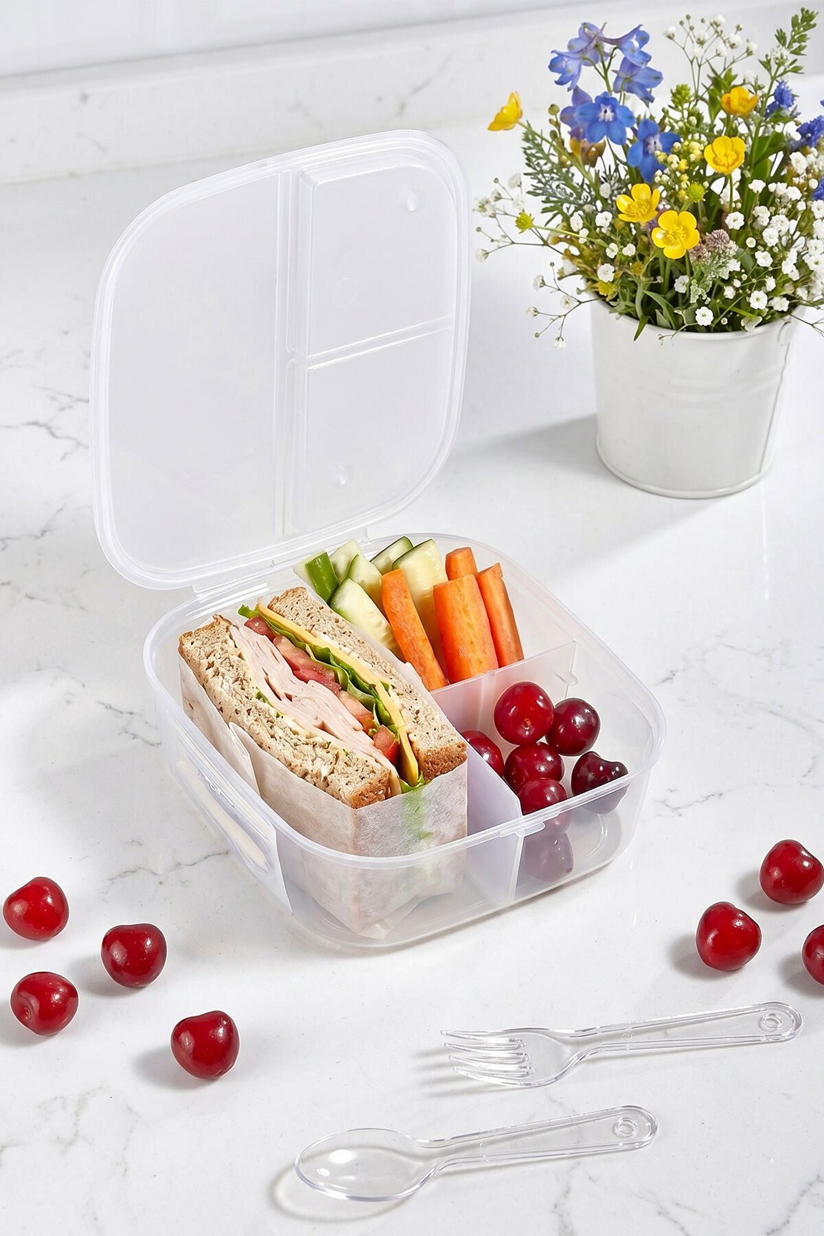 Porsima Org-148 Kendinden Kaşıklı Şeffaf 2 Katlı 4 Bölmeli Kilitli Kapaklı Beslenme Çantası Sefer Tası