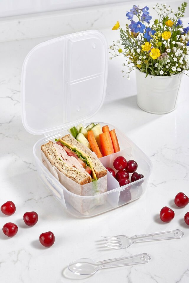 Porsima Org-148 Kendinden Kaşıklı Şeffaf 2 Katlı 4 Bölmeli Kilitli Kapaklı Beslenme Çantası Sefer Tası