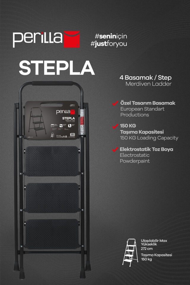 Perilla 51404 Stepla Geniş 4 Basamaklı Katlanır Merdiven Eurotower Siyah