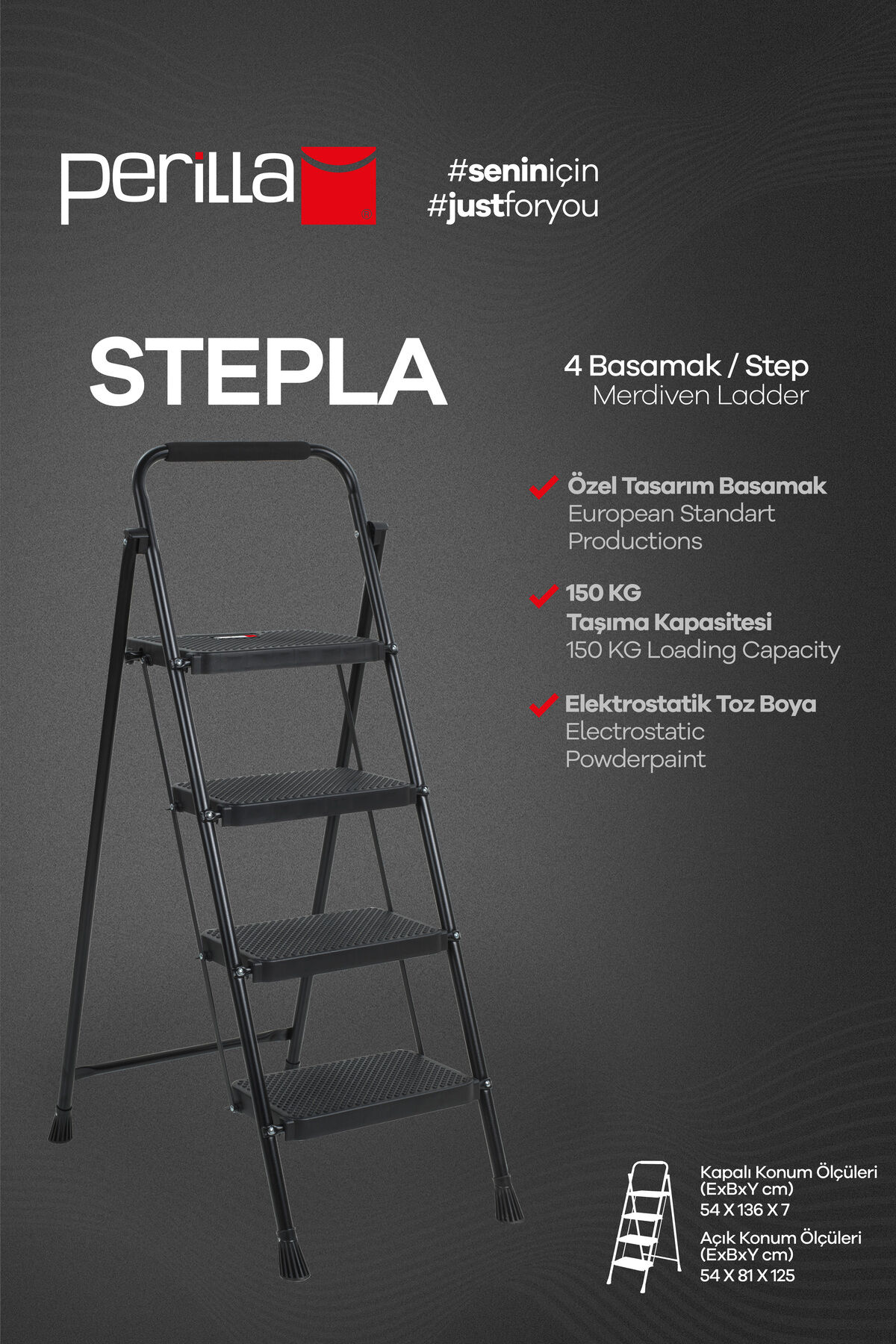 Perilla 51404 Stepla Geniş 4 Basamaklı Katlanır Merdiven Eurotower Siyah