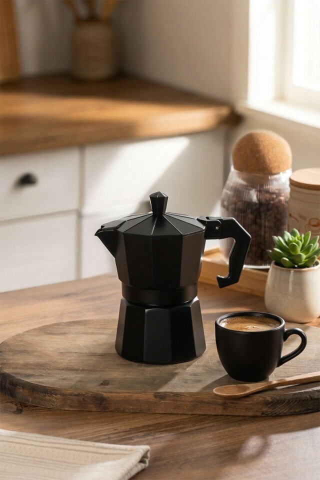 Porsima MNB05742 Ocaküstü Moka Pot 3 Fincanlık Alüminyum Kahve Espresso Cezvesi Siyah 150ml