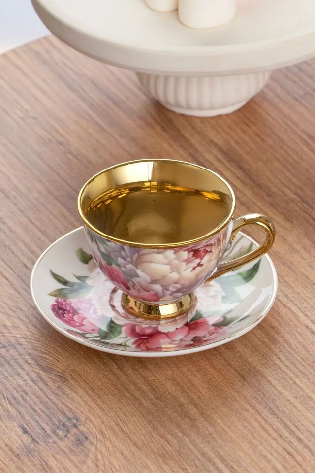 Porsima 101762 Garden Gold Yaldızlı Desenli Fincan Takımı Porselen Türk Kahvesi 6 Kişilik 12 Parça