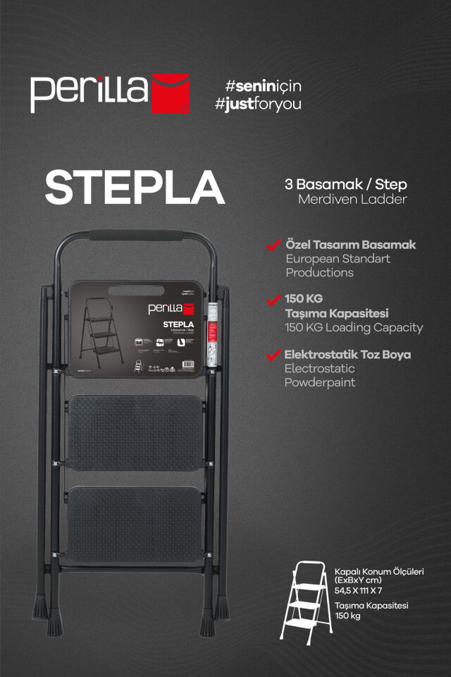 Perilla 51403 Stepla Geniş 3 Basamaklı Katlanır Merdiven Eurotower Siyah
